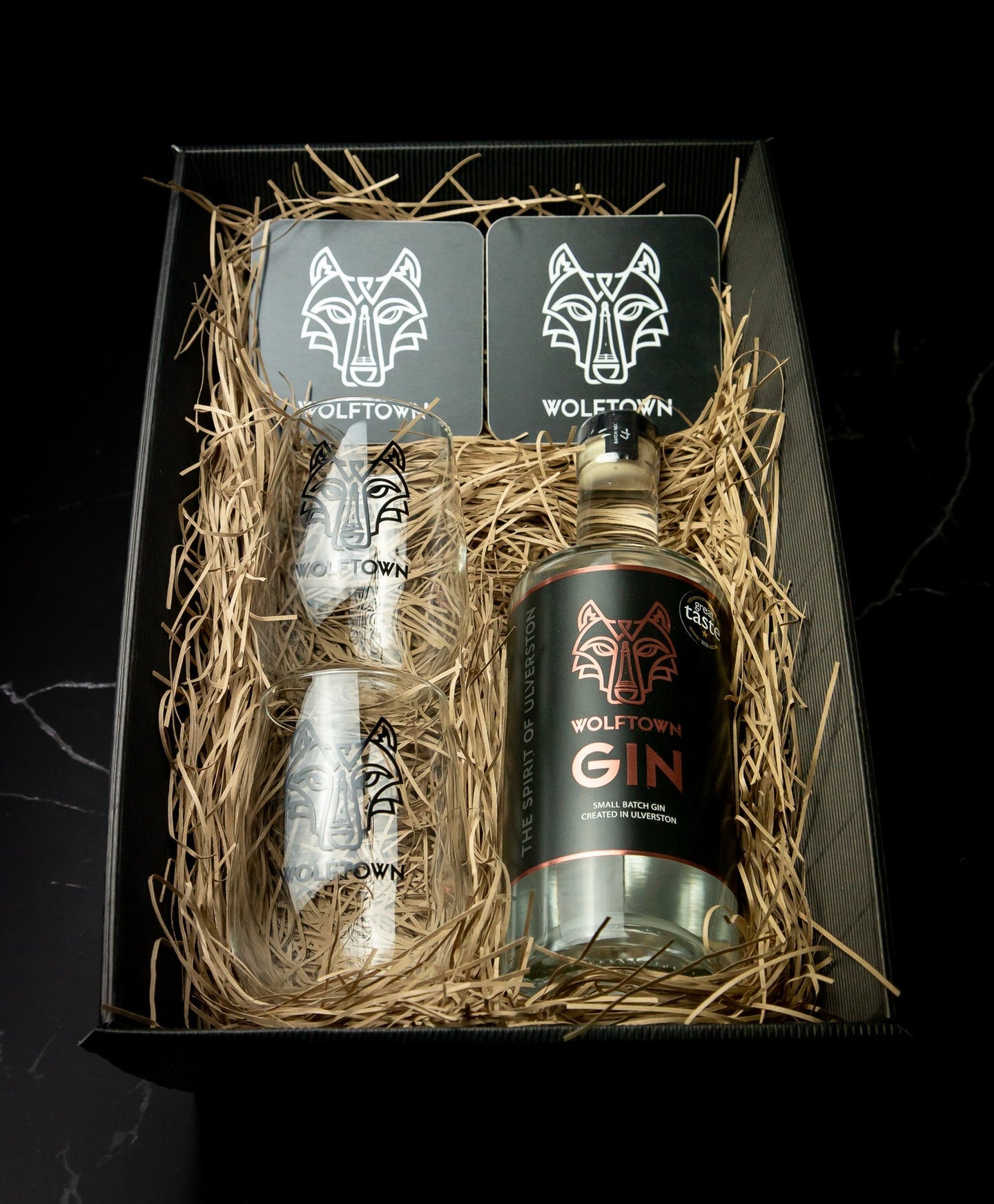 Wolftown 70cl Gin, Glass and Coaster Hamper Tray - Wolftown Distillery